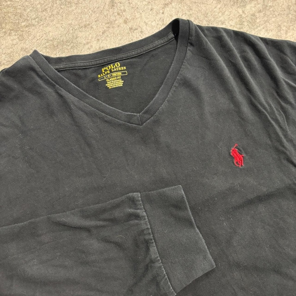 Polo Ralph Lauren Mens Black Long Sleeve V-Neck Shirt Large Red Pony Logo